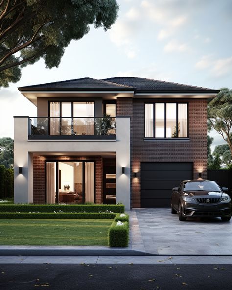 Drawing inspiration from the modern Australian residential architecture, this home blends indoor and outdoor living seamlessly. The brick and concrete facade pays homage to urban structures, while expansive windows invite the surrounding nature in, encapsulating the perfect balance of city and suburbia. Minimalistic Home Exterior, Facade Architecture Design House, Modern Home Windows, Bricks House Design, Modern Home Outside Design, White Villa Design, Modern Facade Design Residential, Australian Homes Exterior, Brick And Concrete Facade