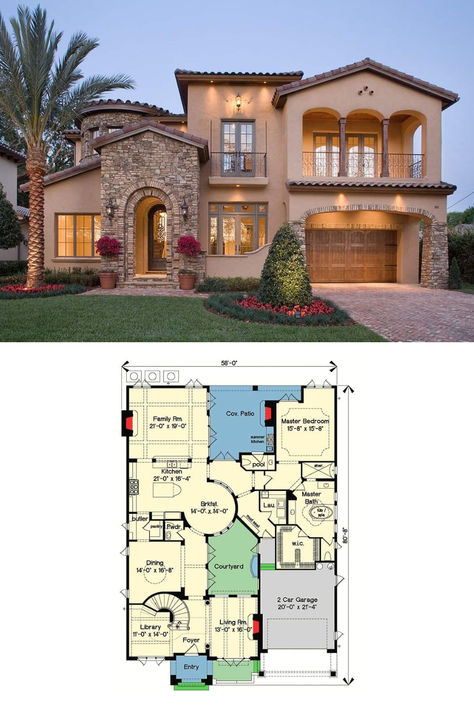 Two-Story 4-Bedroom Mediterranean Home with Courtyard Stunner (Floor Plan) Fall Bloxburg, Mediterranean Style House, Mediterranean House Plan, Mediterranean Style House Plans, Mediterranean House Plans, Courtyard House Plans, House Bloxburg, Casa Country, Two Story House