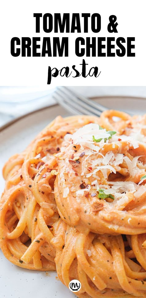 Close-up of a creamy tomato pasta. Pasta Sauce With Cream Cheese, Sauce With Cream Cheese, Easy Tomato Pasta Sauce, Easy Tomato Pasta, Cream Cheese Pasta, Creamy Tomato Pasta, Cream Cheese Recipe, Creamy Pasta Recipes, Tomato Pasta Sauce