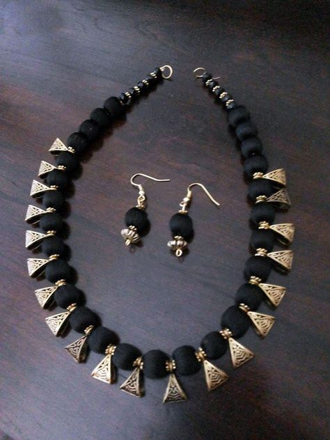 Black silk thread beads with black crystal and hanging metal bails necklace with… Black Crystal Necklace, Silk Thread Necklace, Silk Bangles, Thread Beads, Silk Thread Earrings, German Silver Jewelry, Beaded Necklace Patterns, Silk Jewelry, Silk Thread Jewelry