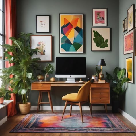 Mexican Style Office, Work From Home Room Setup, Mid Century Desk Setup, Mid Century Modern Palette, Minimalist Eclectic Home, Home Office Mid Century Modern, Funky Home Office, Home Office Mid Century, Mid Century Modern Office Design