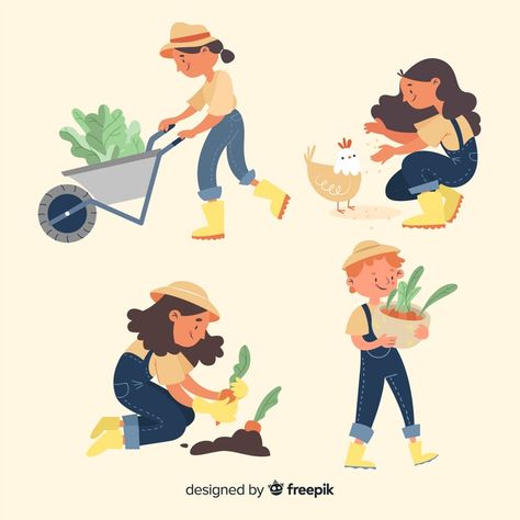 Collection of farmers working illustrate... | Free Vector #Freepik #freevector #people #design #nature #farm People Design, 동화 삽화, Garden Illustration, Art Folder, Retro Logos, 수채화 그림, Character Design Animation, Book Projects, Illustration Character Design