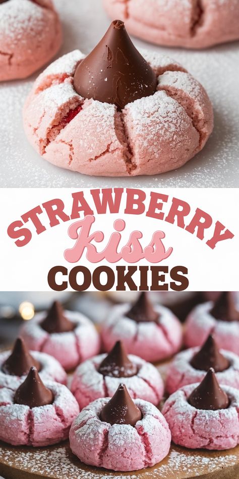 Strawberry Kiss Cookies Recipe - Emma's Cake Studio Valentine’s Day Box Cookie, Valentine Days Desserts, Strawberry Cake Cookies Recipe, Valentine Cookie Recipes Easy, Strawberry Jello Cookies, Strawberry Christmas Cookies, Christmas Cookie Flavor Ideas, Strawberry Chocolate Cookies, Valentines Desserts For Kids