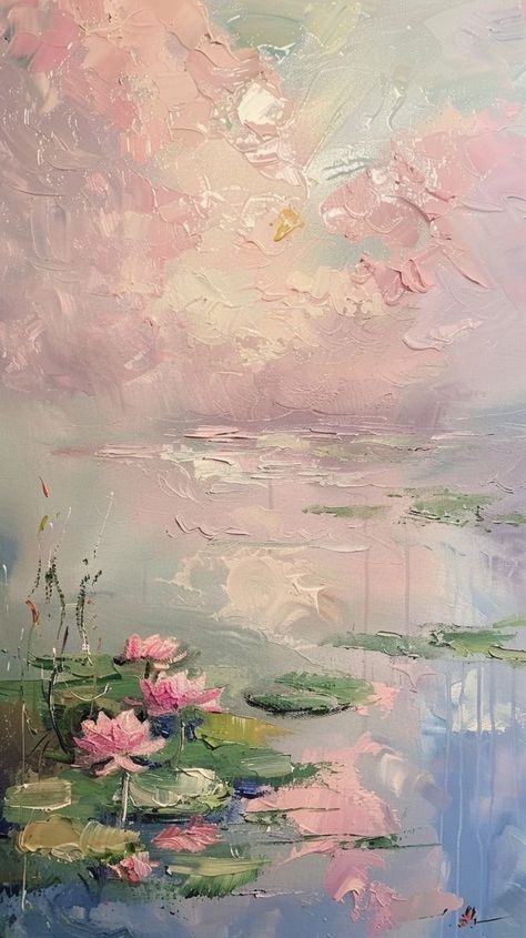 Pretty Landscapes Painting, Pink Monet Painting, Monet's Water Lilies, Monet Styled Paintings, Lotus Wallpaper Backgrounds, Monet Water Lilies Wallpaper, Painting Phone Wallpaper, Lotus Flower Aesthetic, Monet Inspired Art