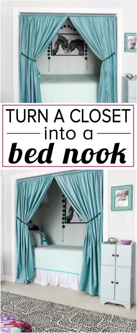 OMG, what kid wouldn't love this cozy bed nook?! L… Closet Bed Nook, Bed Nook, Simple Typography, Budget Bedroom, Bed In Closet, Tiny Bedroom, Decor Pillows, Art Simple