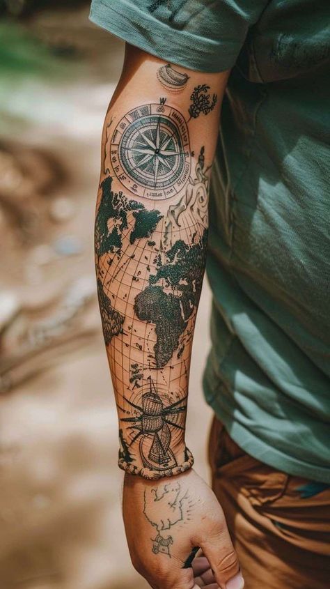 World Map And Compass Tattoo, Men S Sleeve Tattoo, Antique Map Tattoo, Latitude And Longitude Tattoo Ideas, Nautical Arm Sleeve, Hot Mens Tattoo, Map Back Tattoo, Maps Tattoo Ideas, Topography Map Tattoo