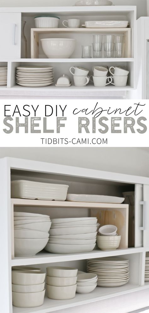 This incredibly simple DIY project will help you maximize cabinet and cupboard storage and organization. Gain vertical space and avoid the stacking mess with these easy DIY Cabinet Shelf Risers. Free building plans provided! #cabinet #cabinetorganization #kitchencabinets #cabinetshelfriser #cabinetshelfrisers #shelfrisers #platerisers #camitidbits #tidbitsonwheels Stacking Shelves Storage Ideas, Cabinet Hacks Diy, How To Make A Shelf In A Cabinet, Inside Cabinet Storage Ideas, Diy Shelf In Cabinet, Diy Kitchen Shelf Storage, Adding A Shelf Inside A Cabinet, Diy Stacking Shelves, Kitchen Cabinet Shelf Organization