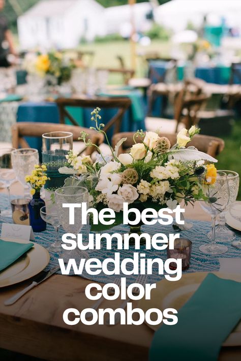 Summer wedding color palettes that are trending in 2023 Teal Summer Wedding Colors, Summer Evening Wedding Colors, Modern Summer Wedding Colors, June Beach Wedding, Wedding Pallet Ideas Summer, 2024 Wedding Colors Summer, Wedding Themes Ideas Summer, Wedding Colors 2024 Summer, August Beach Wedding Colors