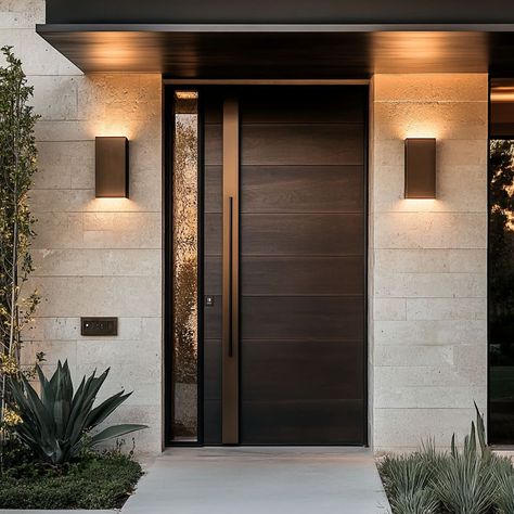 Front Door Semi Detached House, Dark Brown Door Exterior, Elegant Door Designs, House Door Entrance Ideas, Modern Fiberglass Front Door, Front Door Exterior Entrance Ideas, Stylish Doors Entrance, Modern Back Door, Large Wood Front Door