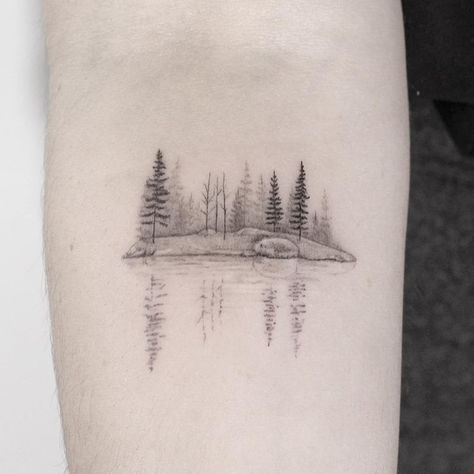 Minimal landscape tattoo by Lindsay April #LindsayApril #lindsayapriltattoo #landscapetattoo #fineline #minimal #blackandgrey #small #landscape #reflection #trees #forest #sea #lake #nature | May 9th 2018 | 532282 Creation Tattoo Ideas, Loon Tattoo, Landscape Tattoos, Reflection Tattoo, Small Nature Tattoo, Natur Tattoo Arm, Scenery Tattoo, Tree Tattoo Back, Lake Tattoo