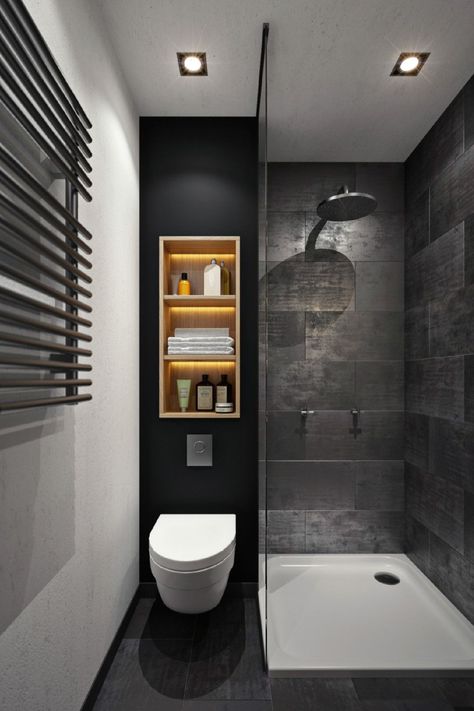 Small Dark Bathroom Ideas: Making the Most of Limited Space Introduction When it comes to designing a bathroom, many homeowners find themselves with a small, dark space to work with. While this may seem like a challenge, it’s important to remember that with the right approach, you can create a beautiful and functional bathroom that feels spacious and welcoming. In this article, we’ll share some of our favorite small dark bathroom ideas to help you get started. Lighting These Small Small Dark Bathroom, Minimalist Small Bathrooms, Makeover Kamar Mandi, Dark Bathroom Ideas, Dark Bathrooms, Bathroom Remodel Shower, Trendy Bathroom, Bathroom Design Luxury, Small Bathroom Design