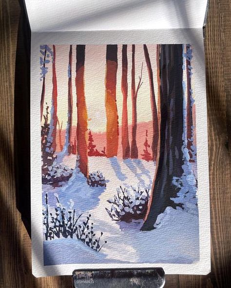 Fall Gouache Painting, Guache Paintings Ideas, Painting Reference Photos, Gouche Paint Ideas, Winter Gouache, Art Ideas Watercolor, Plant Paintings, Gouache Illustrations Landscape, Autumn Gouache Painting