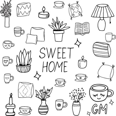 cozy home hand drawn in doodle style. set of elements for design sticker, poster, icon, card. , scandinavian, hygge, monochrome. lettering sweet, book, candles, pillows, vases with flowers, cups Hygge Drawing Ideas, Doodle Stickers Hand Drawn, Hygge Drawing, Hygge Doodles, Cozy Doodles, Vase Doodle, Pillow Doodle, Woman Doodle, Candle Doodle