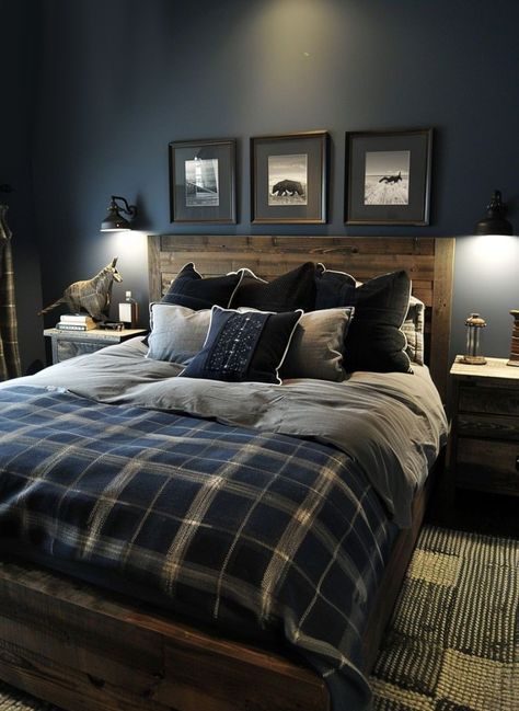 Diy Dream Home, Male Bedroom Ideas, Men's Bedroom, Bedroom Ideas For Men, Bedroom Wall Decor Ideas, Country Bedroom Decor, Feature Wall Bedroom, Masculine Bedroom, Black Rooms