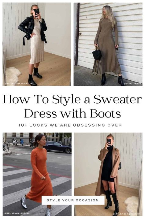 Wondering how to style sweater dress with boots? See these sweater dress outfit ideas for fall and winter with different dress and boot styles. Wear this look for Thanksgiving or Christmas, or for a casual day of the week. Knitted Dress And Boots, Oatmeal Sweater Dress Outfit, Sweater Dress With Scarf, Winter Boots With Dress, Long Sweater Dress Outfit Winter, Long Knit Dress Outfit Winter, Sweater Dress With Ankle Boots, Dress With Boots Winter, Brown Sweater Dress Outfit