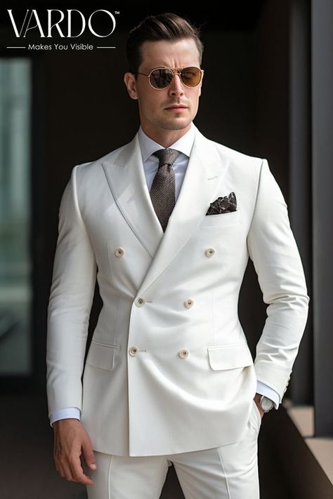 Good qualities satisfied White And Black Suits For Men, White Formal Suit For Men, Double Breasted White Suit, White Suit Men Wedding Classy, Men White Suit Wedding, Met Gala Suits Men, White Double Breasted Suit Men, Suites Mens, Off White Suit Men