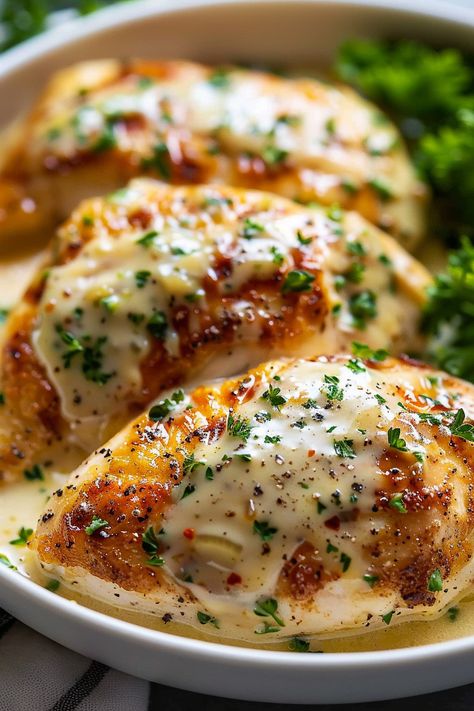 Baked Caesar Chicken With Creamy Parmesan Sauce, Creamy Oven Baked Chicken Breast, Parmesan Caesar Chicken, Baked Chicken Caesar Recipe, Chicken Ceaser Recipes, Easy Dinner Recipes Few Ingredients, Baked Caesar Chicken With Parmesan Sauce, Baked Caesar Chicken Recipes, Chicken Ceaser Bake