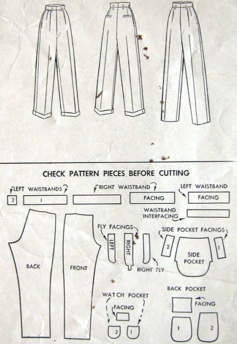 1940s WW2 Vintage Sewing Pattern Waist 38" MENS PANTS TROUSERS (1311) By McCall 7803 - The Vintage Pattern Shop Diy Sy, Patron Vintage, Sew Ins, Pants Sewing Pattern, Diy Fashion Clothing, 자수 디자인, Sewing Design, Diy Sewing Clothes, Clothes Sewing Patterns