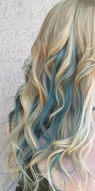 Colored Hair Streaks Blonde, Lagoona Blue Hair Dye, Blue Hair Color Ideas For Blondes, Blonde Hair With Blue Underneath Highlights Underneath, Blonde Hair With Blue Front Pieces, Lagoona Blue Hairstyle, Mermaid Hair Inspiration, Blue Hair On Blond Hair, Blonde Hair With Fun Color Underneath