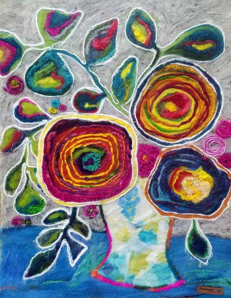 Wool Painting Fiber Art, Dry Felting Pictures, Abstract Needle Felting, Wool Paintings Needle Felting, Felt Collage, Yarn Painting Art, Needle Felting Pictures, Felt Wall Art, Woven Flowers