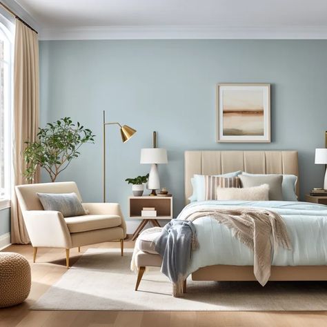 What Accent Colors Go with Light Blue Walls? - The Paint Color Project Blue Ceiling Bedroom, Blue Wall Decor Bedroom, Bedroom Wall Colour Combination, Room Painting Bedroom, Baby Blue Bedrooms, Colour Combinations Interior, Light Blue Rooms, Blue Green Bedrooms, Light Blue Living Room