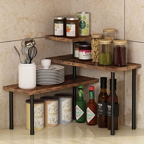 How To Decorate Kitchen Shelves, Bathroom Counter Storage, Kitchen Corner Shelves, Diy Kitchen Hacks, Kitchen Countertop Organization, Cocina Ideas, Countertop Organization, Countertop Organizer, Wood Decoration