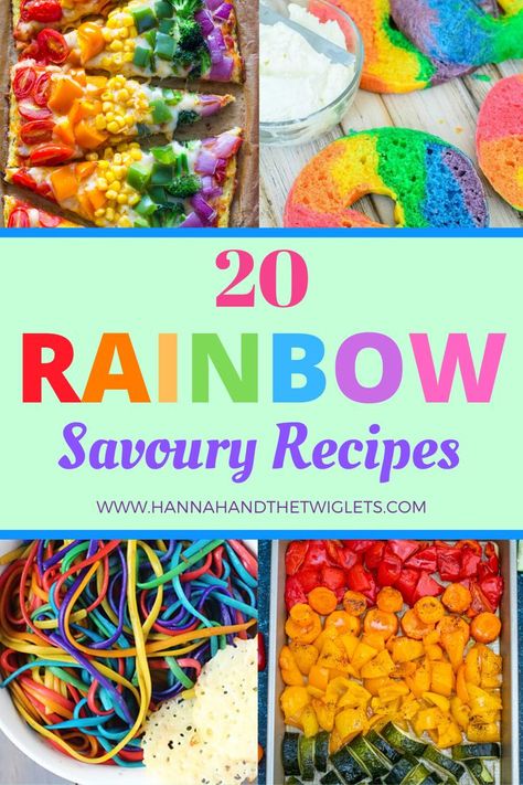 It's super easy to find recipes for rainbow sweet treats. But what about savoury food? Here are 20 gorgeous rainbow savoury recipes! #hannahandthetwiglets #savouryrecipes #rainbowrecipes #rainbowfood #recipeideas #colourfulcooking Rainbow Food Party, Savory Party Food, Pride Food, Rainbow Plates, Rainbow Party Food, Birthday Foods, Rainbow Bread, Rainbow Pizza, Rainbow Foods