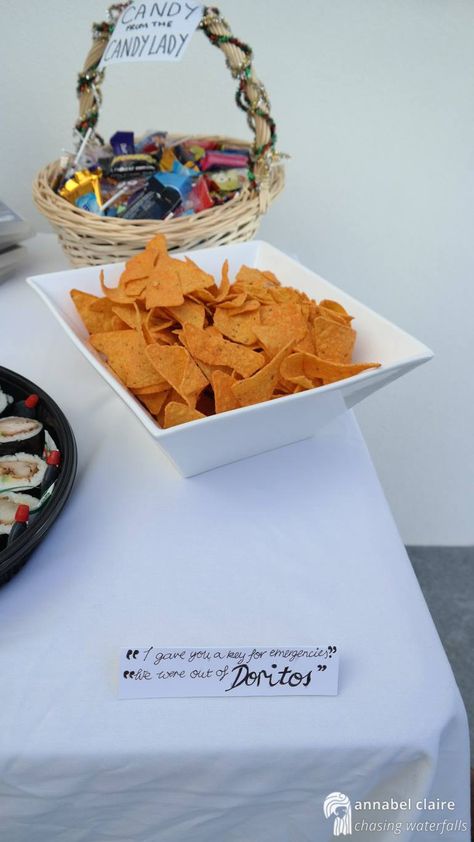 Friends tv show themed 21st themed food. Doritos from Season 3 Episode 19 "The One With the Tiny T-Shirt". In the background is Candy from the Candy lady from Season 7 Episode 9 "The One With All the Candy" Friends Trivia, 30th Bday Party, Candy Lady, Friend Graduation, Themed Food, Friends Bridal, 13th Birthday Parties, 30th Birthday Parties, Friends Party