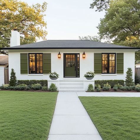 Single Story Home Exterior Paint, French Ranch House Exterior, Painted Brick Bottom Of House Exterior, Single Story Stucco Exterior, Small Ranch House Landscaping, Dark Gray Shutters White House, Aluminum House Exterior, Traditional Home Colors Exterior, White House Exterior Ranch