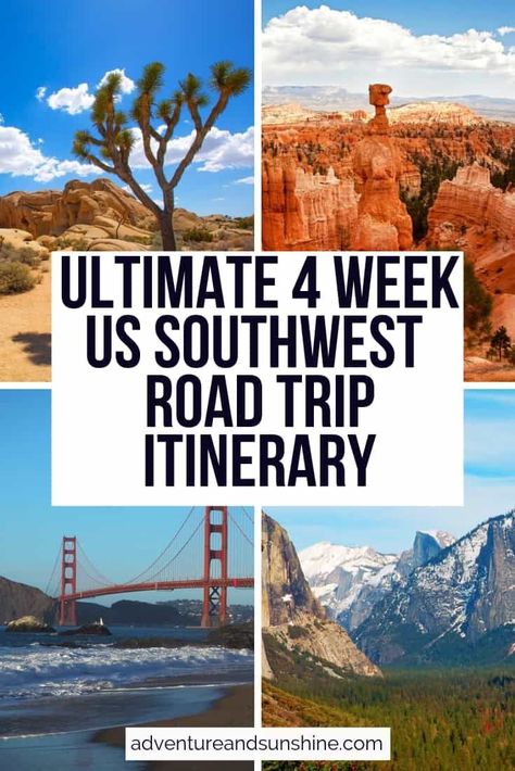 Discover the best of the American Southwest with this ultimate 4 week US SouthWest Road trip itinerary including San Francisco, Yosemite National Park, Zion, Bryce, Grand Canyon, Joshua Tree, Las Vegas, Los Angeles and more! Arizona | Utah | Nevada | California | Highway 1 stops | US National Parks | Best US Road Trip | USA itinerary Arizona To Florida Road Trip, South West National Park Road Trip, Nevada Arizona Utah Road Trip, 7 Day National Park Road Trip, Ultimate Road Trip Out West, Southwest National Parks Road Trip Map, 7 Day Road Trip Out West, Arizona Parks Road Trip, East To West Road Trip Usa