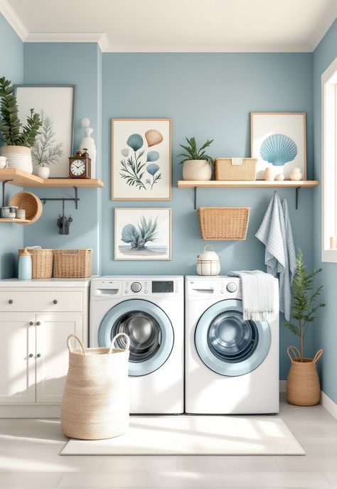 Stacked Laundry Room Ideas Coastal Laundry Room Ideas, Stacked Laundry Room Ideas, Colorful Laundry Room, Coastal Laundry, Coastal Laundry Room, Blue Laundry Room, Stacked Laundry, Laundry Blue, Laundry Station