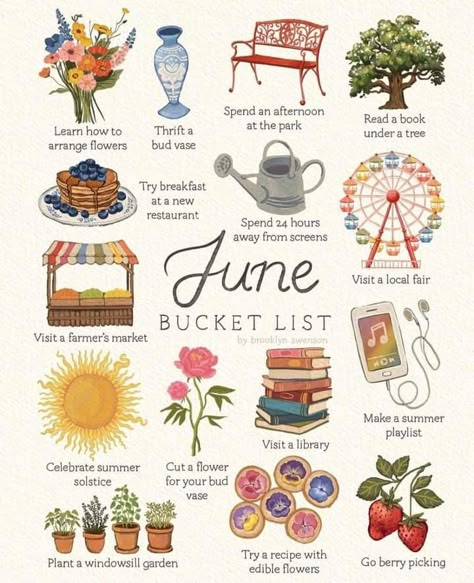 June Bucket List, May Bucket List, September Bucket List, Monthly Bucket List, Tree Buds, Windowsill Garden, Summer Playlist, Flowers Illustration, Summer Fun List