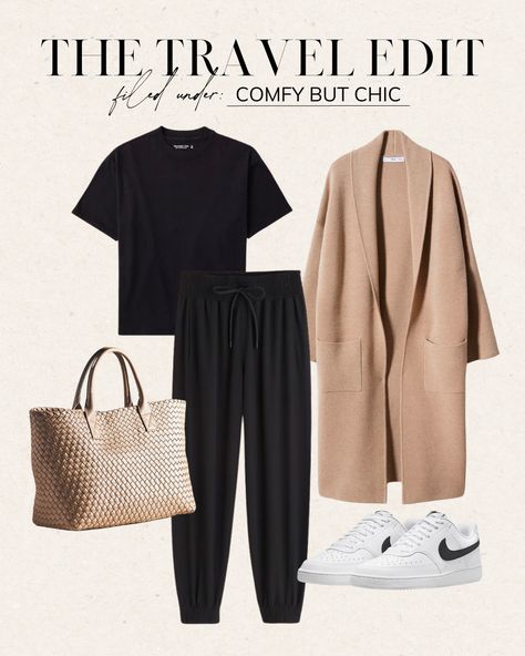 Kim Kardashian Travel Outfits, Outfits For Airport Travel, Cute Comfortable Travel Outfits, Comfy Chic Travel Outfit, Black Jogger Travel Outfit, 4 Day Travel Outfits, Sneaker Travel Outfit, Comfy Flight Outfit Summer, Work Outfit With Joggers