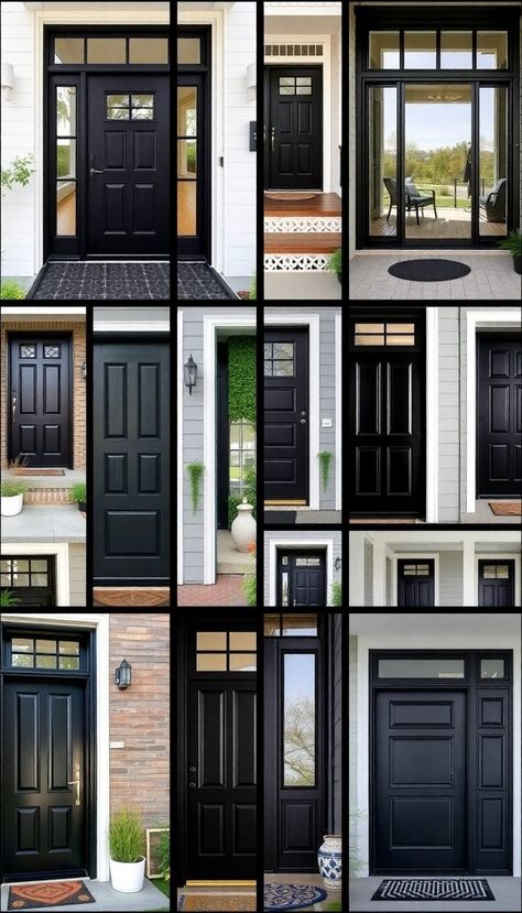 Black Doors Exterior Front Entry With Side Lights IdeasHere are some stylish ideas for black doors with exterior front entry sidelights:     41 Modern Black Doors That'll Transform Your Entryway (#23 Is a Showstopper!)Get ready to be inspired by doors that range from ultra-modern glass panels to rustic wood combinations, each boasting its own unique charm and sophistication.1. Minimalist Elegance A minimalist black door is the epitome of sleek sophistication. With clean lines and a smooth finish, it complements modern architectural designs effortlessly. This door style often features a simple rectangular shape, accentuated by subtle hardware for a look that's both understated and chic.2. Glass and Steel Fusion Combining the strength of steel with the transparency of glass, this modern blac Modern Cabin Front Door, Windows By Front Door, Replace Front Door With Sidelights, Rustic Modern Front Door, Walnut Front Door Modern, Front Door With 2 Sidelights, Front Door One Sidelight, Solid Front Door With Sidelights, Front Door With Sidelights And Transom