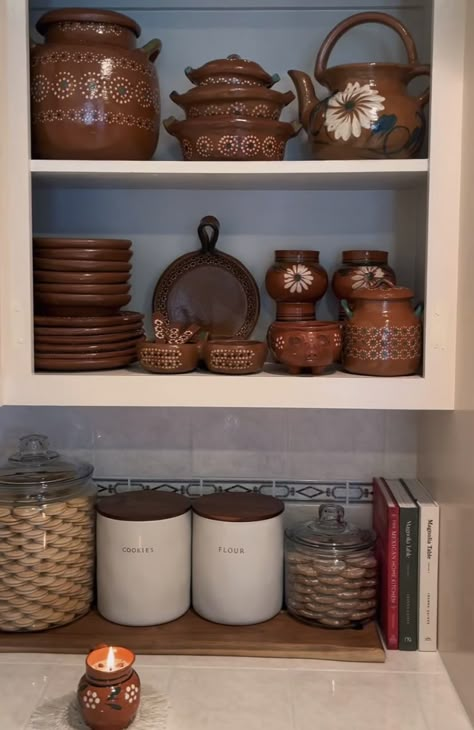 Frida Kahlo Kitchen Decor, Mexican Home Asethic, Home Decor Ideas Mexican Style, Mexican Boho Kitchen Decor, Hacienda Style Kitchen Decor, Mexican Boho Decor Hacienda Style, Mexican China Cabinet, Aesthetic Mexican Kitchen, Mexican Asethic Kitchen