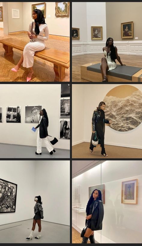 Collage of Black Women dressed up in museums Baddie Museum Outfit, Art Museum Aesthetic Poses, Museum Pose Ideas Aesthetic, Art Gallery Inspo Pics, Museum Night Outfit, Posing In Museum, The Getty Museum Outfit, Museum Aesthetic Black Women, Paris Museum Outfit