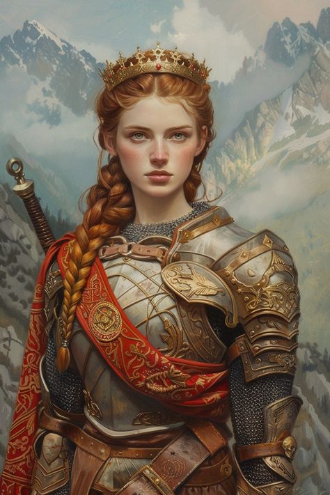 Woman King Aesthetic, Medieval Princess Character Design, Woman Knight Art, Blonde Warrior Woman, Warrior Queen Art, Fantasy Queen Art, Queen Concept Art, Warrior Women Art, Historical Princess