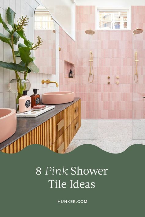 Pink Shower Room Ideas, Pink Fishscale Tile Bathroom, Soft Pink Bathroom Tile, Pale Pink Tiles Bathroom, Pink Scallop Tile, Pink Bathroom Wall Tiles, Pink Shower Bathroom, Pink Shower Tile Ideas, Bathroom Tile Pink