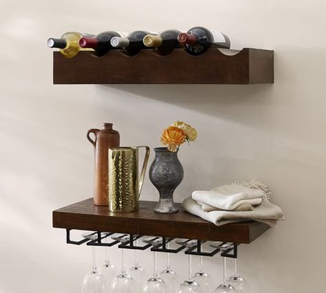 Stylish Kitchen Storage Solutions at Pottery Barn | Apartment Therapy Wine Bottle Shelf, Wine Glass Shelf, Glass Shelves In Bathroom, Glass Shelves Decor, Glass Shelves Kitchen, Decor Ikea, Wine Glass Holder, Kitchen Storage Solutions, Mirror With Shelf