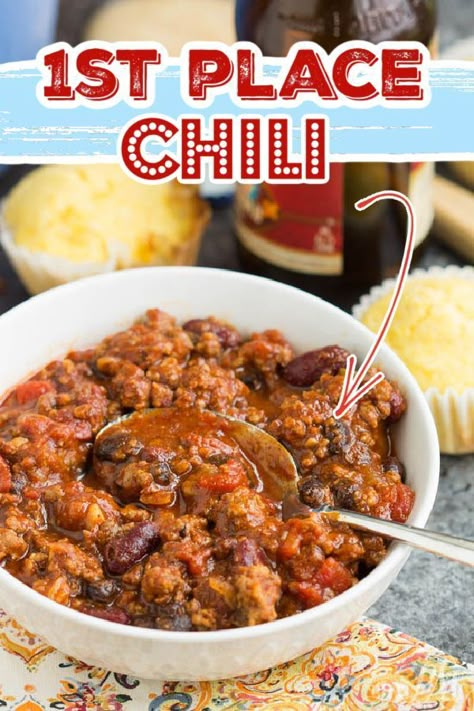 🥇First Place Chili! First Place Chili recipe is a great cold weather meal. Made in one pot, it's an easy weeknight dinner for your family with plenty of leftovers. First Place Chili Recipe, Champion Chili Recipe, Winning Chili Recipes, Chili Food, Homemade Chili Recipe, Beef Chili Recipe, Chili Recipe Crockpot, Best Chili Recipe, Chilli Recipes