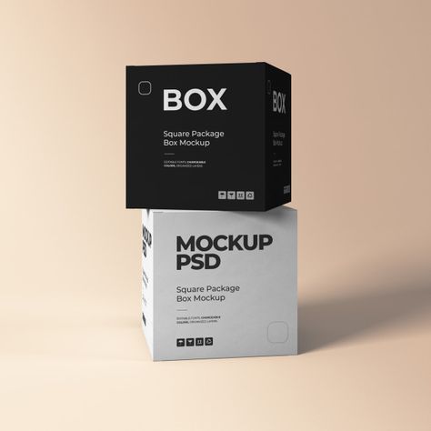 Two square box mockups | Premium Psd #Freepik #psd #mockup #paper #box #packaging Box Package Photography, Package Mockup Free, Product Box Photography, Box Packaging Photography, Box Photography Packaging, Square Box Template, Box Graphic Design, Square Box Packaging, Product Mockup Design