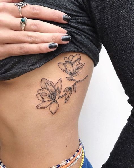 Magnolia Tattoo Small Cool Creative Tattoos, Magnolia Tattoo Linework, Gardenia Plant Tattoo, Magnolia Bouquet Tattoo, Magnolia Rib Tattoo, Magnolia Tattoo Traditional, Magnolia Back Tattoo, Flower And Plant Tattoos, Best Flowers For Tattoos