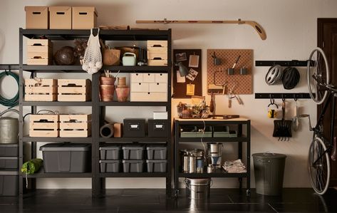 Give yourself some garage therapy - IKEA Switzerland Rifacimento Garage, Ikea Garage, Organized Garage, Garage Shelving Units, Garage Organisation, Garage Makeover, Garage Shelving, Bench With Shoe Storage, Garage House