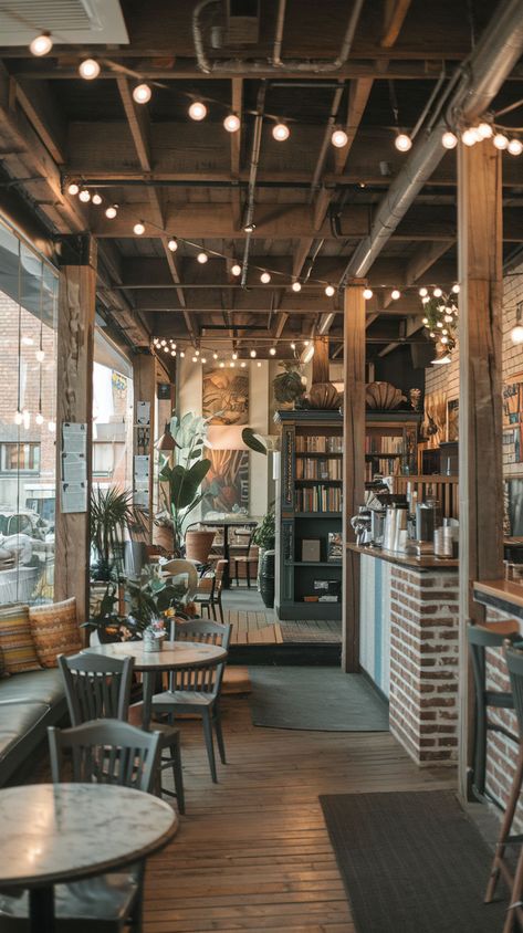 A cozy coffee shop in Asheville, NC, with rustic wooden decor, string lights, a bookshelf, and comfortable seating, creating a warm and welcoming atmosphere. Coffee Shop Fireplace Interior Design, Coffee Shop Inspired Dining Room, Trendy Coffee Shop Interiors, Aesthetic Coffee Shop Ideas, Cozy Bookstore Cafe Aesthetic, Coffee Shop Vintage Design, At Home Cafe Aesthetic, Cozy Cafe Seating, Hygge Coffee Shop