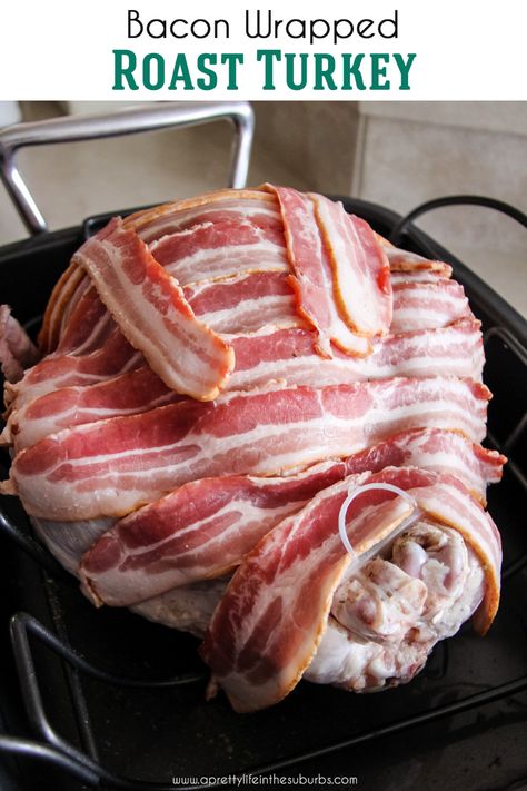 With the addition of the bacon while roasting, this Bacon Wrapped Roast Turkey comes out moist and so delicious!  Makes a great gravy too!  Perfect for Thanksgiving, Christmas and Easter dinner. Turkey With Bacon On Top, Bacon Covered Turkey, Bacon Turkey Thanksgiving, Turkey With Bacon Thanksgiving, Bacon Wrapped Turkey Thanksgiving, Easter Turkey Dinner, Turkey Wrapped In Bacon, Turkey Bacon In The Oven, Bacon Wrapped Roast