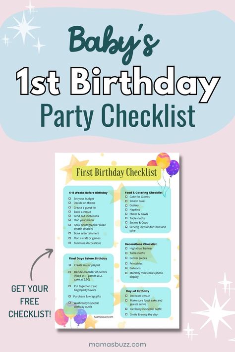 baby's 1st birthday party checklist Checklist For First Birthday Party, 1st Birthday Planning Checklist, 1st Birthday Checklist, 1st Birthday Party Checklist, First Birthday Party Checklist, First Birthday Checklist, 1rst Birthday, Birthday Organizer, Birthday Party Checklist