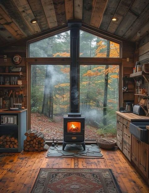 Cabin Interiors, Tiny House Cabin, Small Cabin, Cabins And Cottages, Dream House Interior, Rustic Cabin, Cabin Homes, Wood Burning Stove, Home Fashion