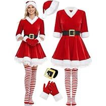 Womens Santa Costume, Striped Thigh High Socks, Fancy Christmas, Santa Dress, Trendy Christmas Outfits, Red Costume, Santa Costume, Santa Suits, Red Velvet Dress