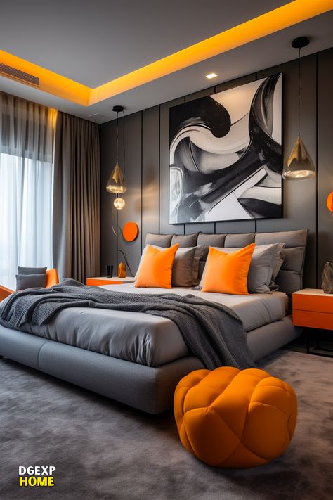 Medium-sized Modern Master Bedroom with a Vibrant Grey and Orange Color Scheme, Featuring Stylish Furniture, Urban Artwork, and Terrace Access. Teal Bedroom Decor, Simple Bed Designs, Boho Bedroom Design, Bunk Bed Designs, Room Styles, Bed Design Modern, Bedroom Orange, Apartment Living Room Design, Simple Bed