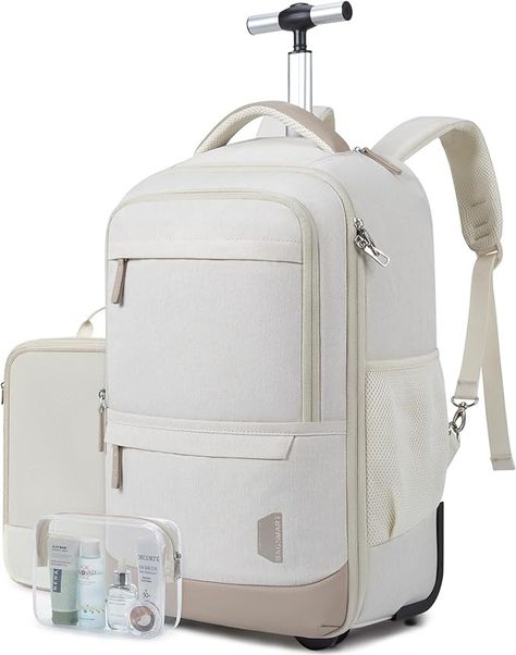 Amazon.com: BAGSMART Rolling Backpack, Water-Resistant Travel Laptop Backpacks with Wheels for Adults, 17 Inch Large Roller Business Backpack Carry on Travel bag with Packing Cube and Toiletry Bag, Beige : Electronics Backpacks Amazon, School Bags With Wheels, Backpack Suitcase, Rolling Laptop Bag, Roller Backpacks, Bedroom Board, Carry On Travel, Backpacking Europe Packing List, Packing Bags Travel